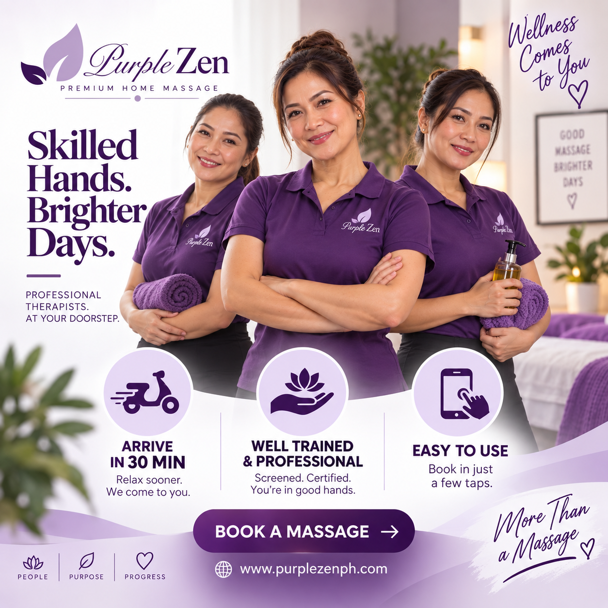 Purple Zen professional therapists with a Book a Massage invitation